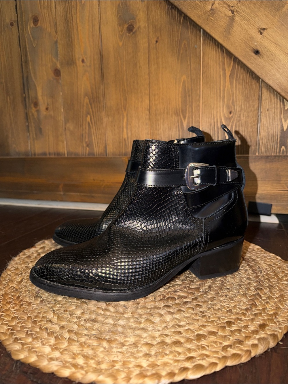 H by Hudson Black Embossed Leather Ankle Boot with Buckle size 40